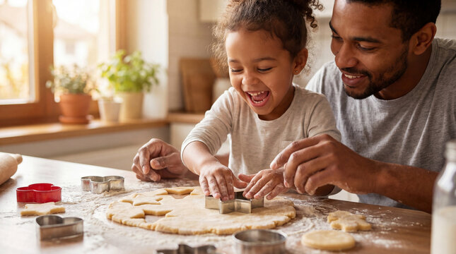 World Baking Day father daughter cookie cutters joyful toddler laughing family bonding promotional marketing content design