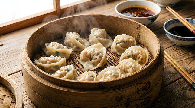 Steamed dumplings in a bamboo steamer.