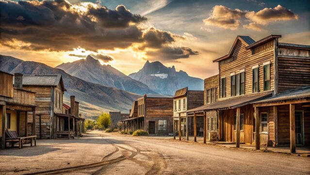 A photo of a wide side view of a rustic antique Western town with various businesses lining the street, old wooden buildings with weathered signs, dus