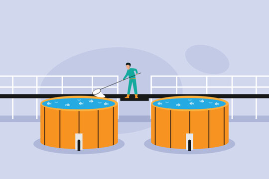 Aquaculture Worker Managing Fish in Circular Rearing Tanks at Modern Industrial Hatchery Facility 2d flat vector illustration