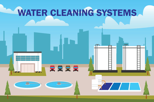 Industrial Water Cleaning Systems and Wastewater Treatment Plant Facility in Urban City Landscape 2d flat vector illustration