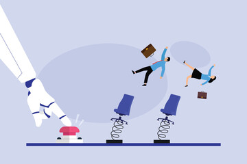 Fototapeta na wymiar AI Automation and Job Displacement Concept with Robot Hand Ejecting Business People from Office Chairs 2d flat vector illustration
