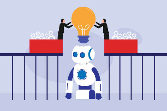 Collaborative Human and Artificial Intelligence Concept with Business People Installing Idea Lightbulb on Robot 2d flat vector illustration