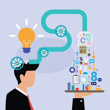 Conceptual of Data Processing, Information Management and Creative Idea Generation in Business 2d flat vector illustration