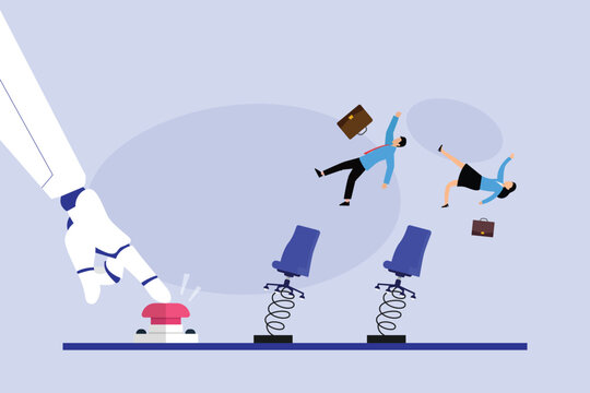 AI Automation and Job Displacement Concept with Robot Hand Ejecting Business People from Office Chairs 2d flat vector illustration
