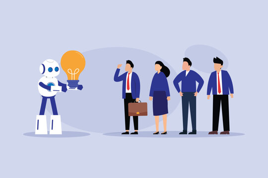 AI Robot Presenting Creative Lightbulb Idea to Business Team in Professional Corporate Setting 2d flat vector illustration