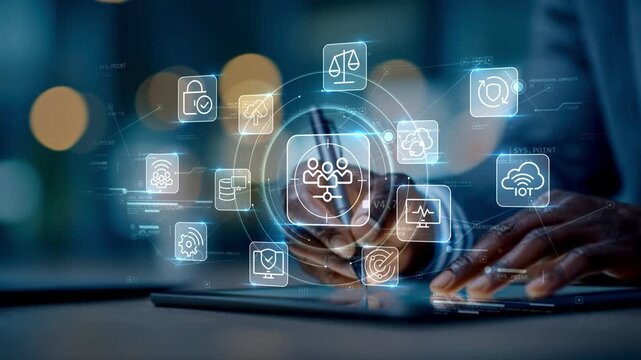 Business professional in modern office working on tablet with audience targeting icon surrounded by cloud, network and protection symbols, illustrating data driven business strategy 