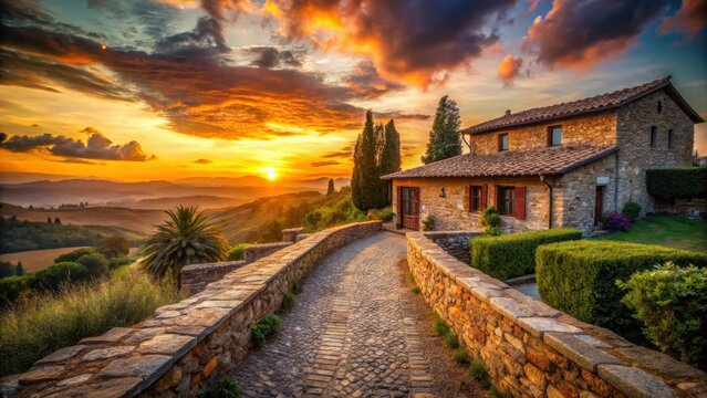 A photo of a Tuscan villa with its expansive stone walls and terracotta roof set against the vibrant hues of a sunset on a dirt path leading to it