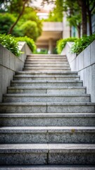 Fototapeta premium A photo of isolated concrete stairs leading upward through a white and grey stone pathway, symbolizing success and growth The scene is serene and emp