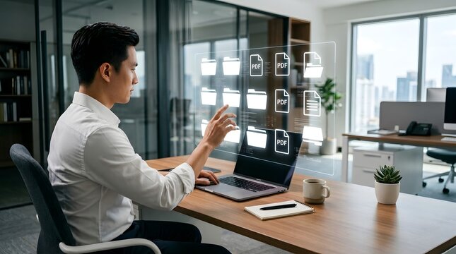 Asian Businessman Managing Digital Documents and Folders via Holographic Interface on Laptop in Office