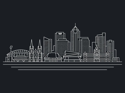 Adelaide City Skyline Line Art Outline, South Australia Landmark Illustration on Black Background
