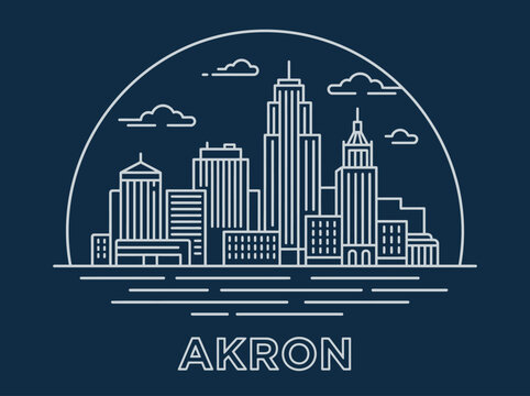 Akron Ohio City Skyline Line Art Illustration in Minimalist Style on Dark Blue Background