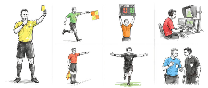 Collage of referee illustrations with various actions and roles in sports game