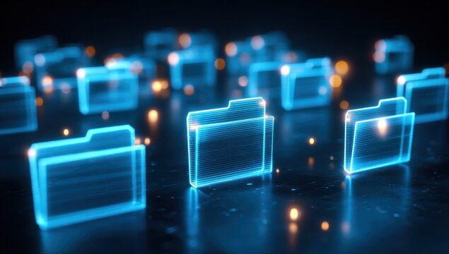 Glowing blue file folders on dark.