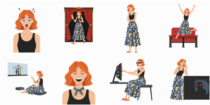 Animated Young Woman Experiencing Different Emotions and Activities in Modern Life Scenarios