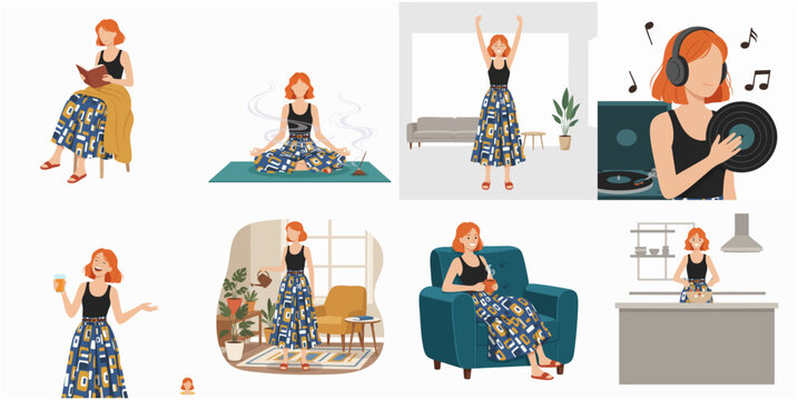 Collection of Diverse Everyday Activities and Leisure Time Pursuits Featuring a Stylized Red Haired Woman