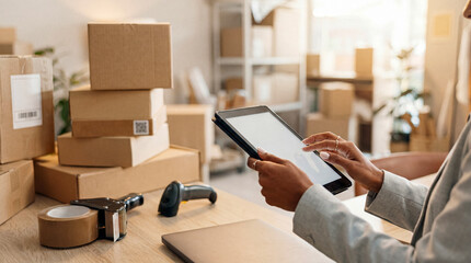E-commerce small business owner managing online orders and inventory with a digital tablet amidst shipping boxes. © Christine