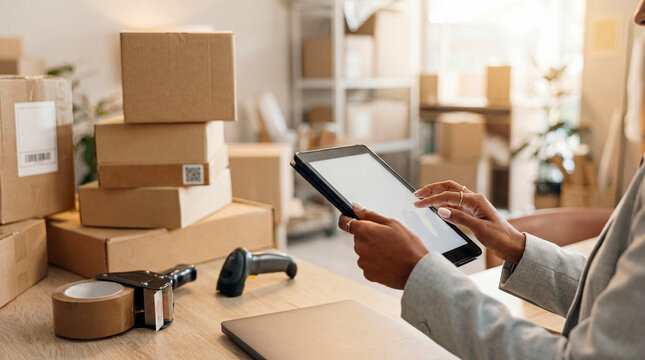 E-commerce small business owner managing online orders and inventory with a digital tablet amidst shipping boxes.
