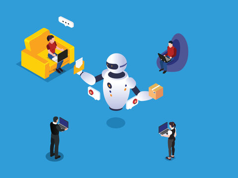 AI Robot Assistant Managing Remote Workers and Delivery Services Concept 3d isometric vector illustration
