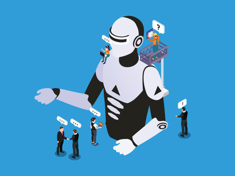Artificial Intelligence Development Concept with Engineers and Business People Working on Giant Robot 3d isometric vector illustration