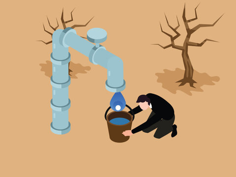 Global Water Scarcity and Drought Crisis Concept with Man Collecting Water in Desert 3d isometric vector illustration
