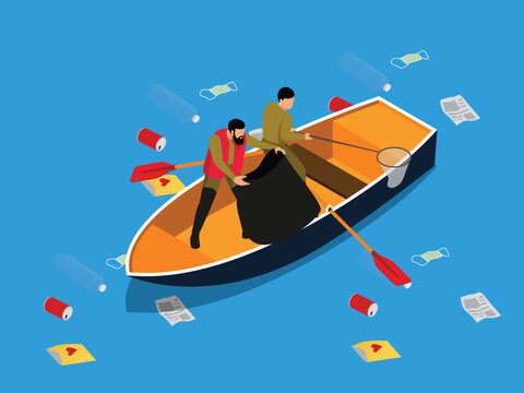 Volunteers in Rowboat Collecting Plastic Waste and Garbage from Ocean Surface 3d isometric vector illustration