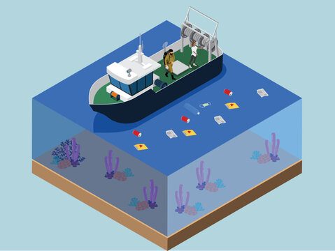 Ocean Cleanup Mission with Research Vessel and Volunteers Collecting Plastic Waste 3d isometric vector illustration
