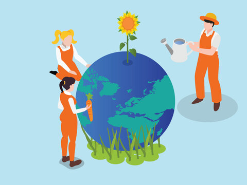 Sustainable Agriculture and Eco Friendly Future Concept with People Caring for Planet Earth 3d isometric vector illustration