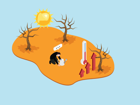 Climate Change Concept with Rising Temperatures, Drought, and Man with Watering Can 3d isometric vector illustration