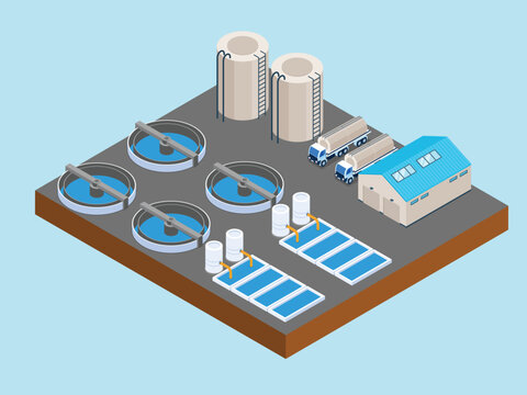 Industrial Water Treatment Plant and Sewage Purification System 3d isometric vector illustration