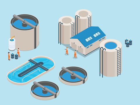 Industrial Water Purification Plant and Sewage Treatment Facility with Workers Isometric View 3d isometric vector illustration