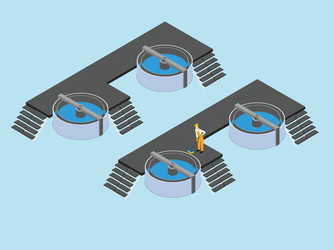 Industrial Water Treatment Plant with Sedimentation Tanks and Service Worker 3d isometric vector illustration