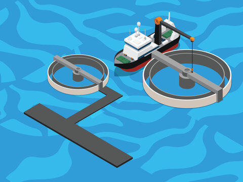 Offshore Water Treatment Plant or Fish Farm with Research Vessel and Circular Tanks 3d isometric vector illustration