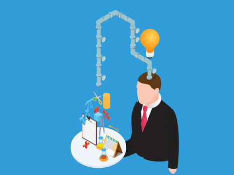 Idea Pipeline Concept with Businessman, Light Bulb, and Academic Knowledge Symbols 3d isometric vector illustration