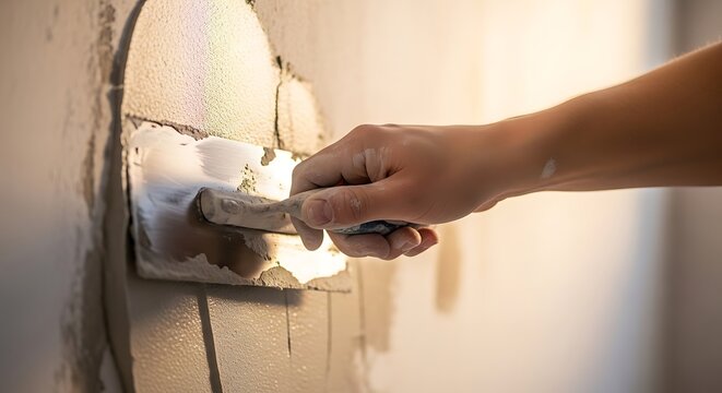 Worker Hand Applying Plaster to Wall with Trowel During Renovation