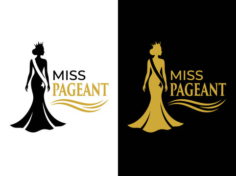 Miss Pageant Elegant Logo Design with Beauty Queen Silhouette wearing Crown and Sash