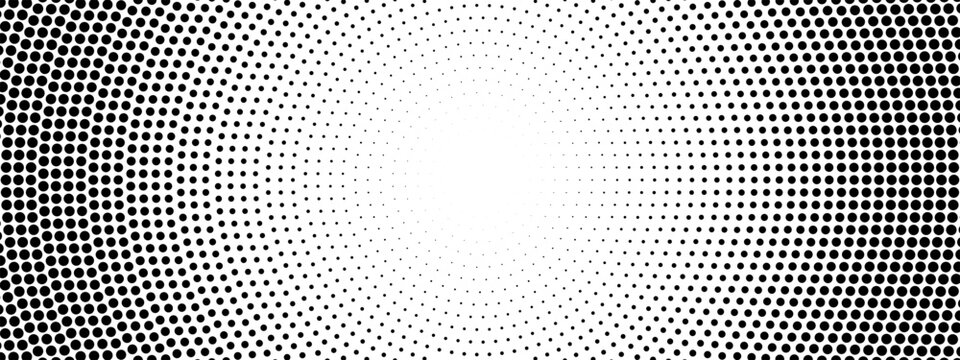 Background pattern explosion with dot and radial gradient elements. Dynamic visual effect circular half ripple and halftone beam. Tone vector circle texture in bright bw poster style.