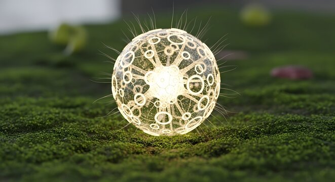 Glowing green orb with intricate design on grass