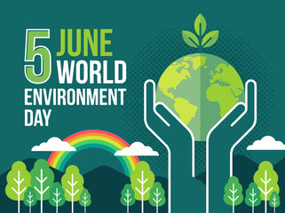Obraz premium World Environment Day June 5 Illustration with Hands Holding Globe, Sprout, and Green Nature Landscape Background