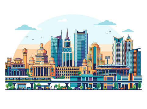 Bengaluru City Skyline Vector Illustration - Bangalore India Landmark Panorama featuring Vidhana Soudha, Metro Train, and Modern Skyscrapers