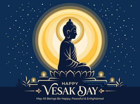 Happy Vesak Day Greeting Illustration with Buddha Silhouette, Lotus Flower, and Full Moon in Starry Night Sky