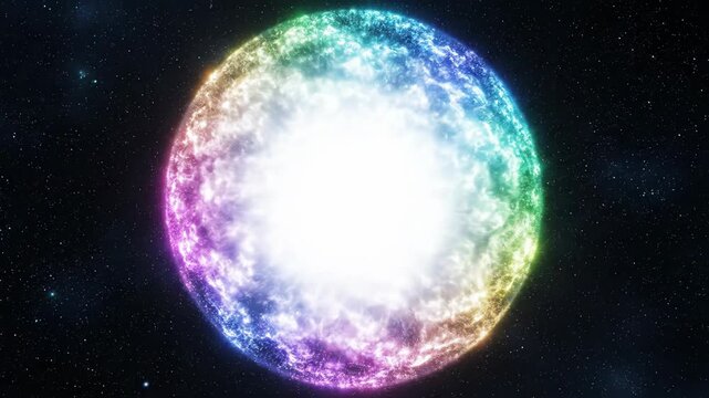 A vibrant, glowing sphere with a radiant white center surrounded by colorful, swirling patterns of pink, blue, green, and yellow, set against a dark background with streaks of light
