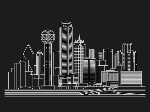 Dallas Texas City Skyline Minimalist White Line Art Illustration on Black Background with Reunion Tower and Downtown Skyscrapers
