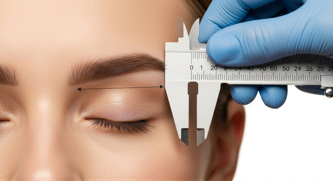 Closeup of a professional beautician measuring a womans eyebrow with a caliper before a permanent makeup procedure isolated on white background
