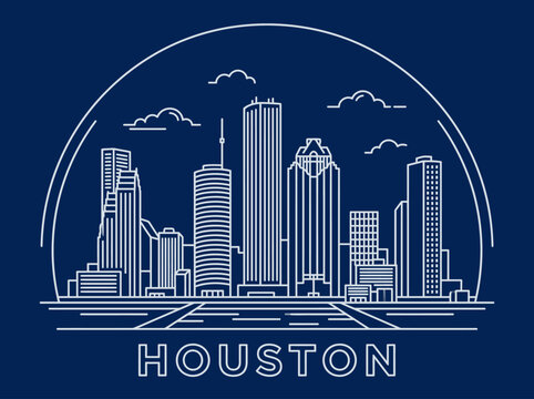 Houston Texas City Skyline Minimalist Line Art Illustration on Dark Blue Background featuring Urban Skyscrapers and Iconic Landmarks