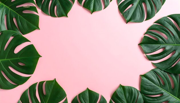 Monstera leaf frame border on pastel pink background with copy space
