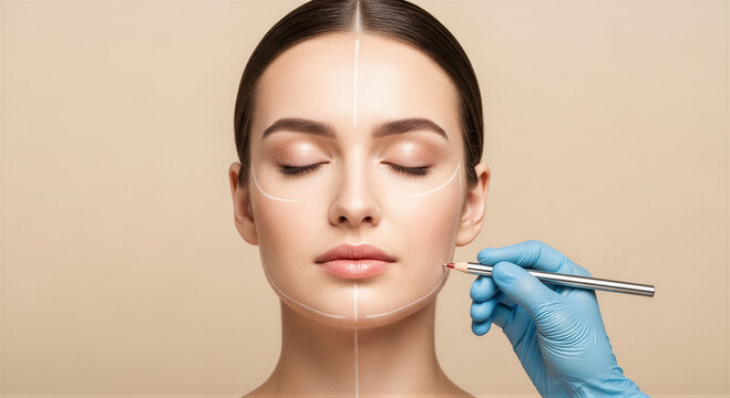 Cosmetic surgery concept portrait of a young woman with markings on her face before plastic surgery, isolated on beige background