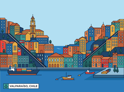 Valpara&iacute;so Chile Cityscape Illustration with Colorful Houses, Funiculars, and Port - Modern Flat Design Style Art of South American Coastal City Architecture