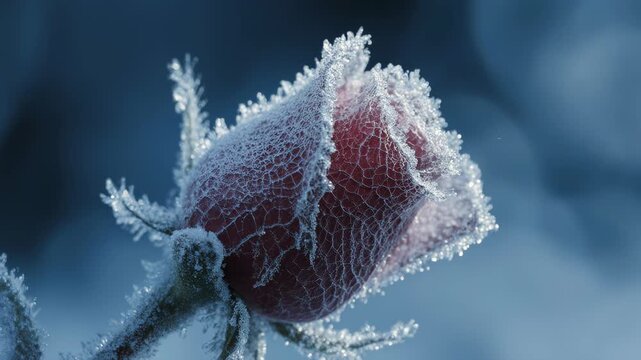 Ultra-detailed static macro shot of frost crystals forming on a rose petal in real time, icy detail, cold blue lighting, scientific beauty aesthetic, exactly 5 seconds, true 4K UHD.