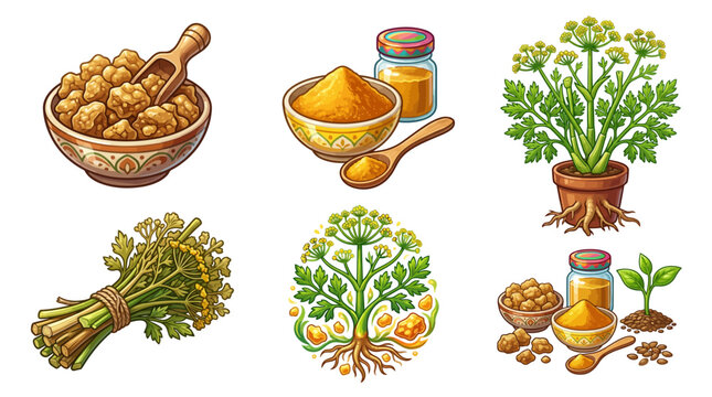 Detailed Illustration Set of Asafoetida Hing Spice Including Raw Resin Pieces, Ground Powder in Bowls, Ferula Plant Botanical Drawings on White Background